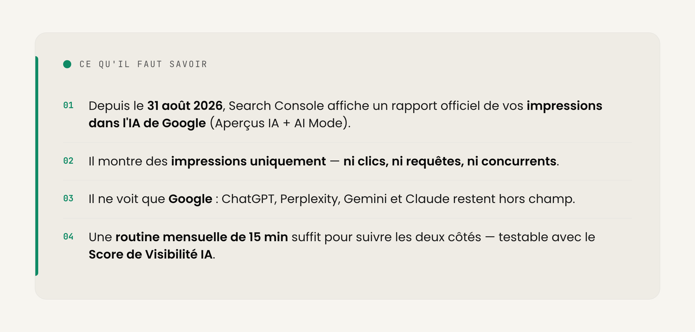Ce qu'il faut savoir : depuis le 31 août 2026 Search Console affiche vos impressions dans l'IA de Google (Aperçus IA + AI Mode) ; des impressions uniquement, ni clics ni requêtes ni concurrents ; Google seulement (ChatGPT, Perplexity, Gemini, Claude restent hors champ) ; une routine mensuelle de 15 min suffit pour suivre les deux côtés.